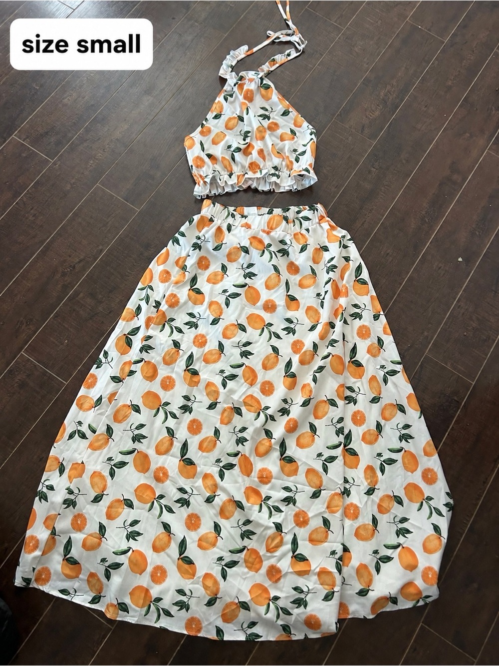 Girls Orange Print Two-Piece Halter Top and Maxi Skirt Dress